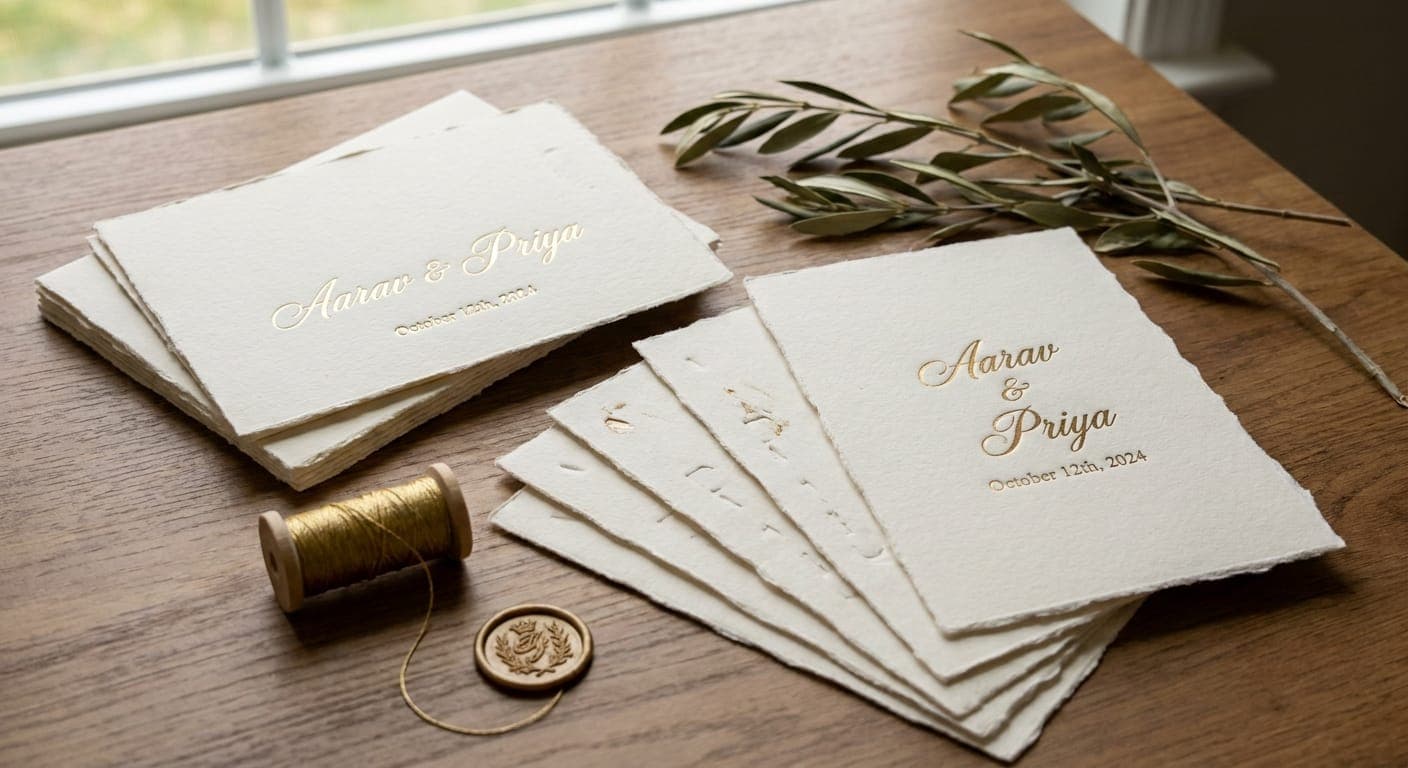 Wedding Invitations — Gold foil wedding invitation on handmade deckle-edge paper printed in Bhavani